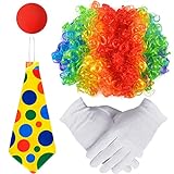 iZoeL Clown Kostüm Accessoire, Clown Lockenperücke + Clownsnase + Bunte Krawatte + Handschuhe, Fasching Karneval Kostüme für Kinder Damen H