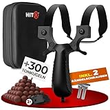 HITX® Zwille Steinschleuder Bundle Set | Super Grip Oberfläche | Slingshot Schleuder mit Gummiband | Einfache Clip-Anbindung | Sportgerät im Bundle Set mit Ersatzgummi + 300 Tonkug