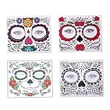 4 Pack Sugar Skull Face Tattoo Halloween Make -up -Tattoo -Aufkleber für Halloween Masquerade Party (Blumen-, rote Rosen, Schwarzes und Blumenskelett)