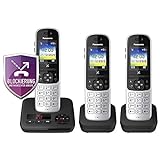 Panasonic KX-TGH723GS Schnurlostelefon mit Anrufbeantworter 3er Set (DECT Telefon, strahlungsarm, Farbdisplay, Anrufsperre, Freisprechen) schw
