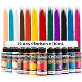 dezozo Acrylfarben Set - 12 Grund Farben x 110ml, Reichhaltige Pigmentfarben für Leinwand, Holz, Papier, Keramik (12 Farben x 110ml. (Grund Farben))