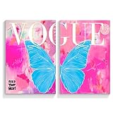 TACRIG 2 Stück trendige adrette blaue Schmetterlinge Leinwand Wandkunst – Pink Vogue Bilder Poster für Mädchen Schlafzimmer – Mode Discokugel Dekoration Feed Your Heart Positive Zitate Druck Dek
