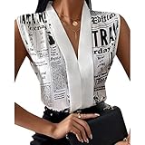 Hemd Damen Oberteile, Damenbluse Sommer Vintage-Stil Weißer Zeitungsdruck V-Ausschnitt Pullover Hemden Tops Elegante Ärmellose Weste Tunika-Oberteile Lässige Arbeitsblusen T-Shirts Für Damen U