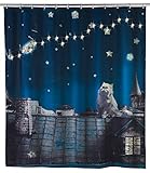 WENKO LED Duschvorhang Moon Cat - waschbar, mit 12 Duschvorhangringen, Polyester, 180 x 200 cm, Mehrfarbig