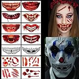 Halloween Mund Tattoo Totenkopf, Skull Gesichtsaufkleber Wasserdichte Temporäre Tattoos Mit Narben Tattoo für Horror Halloween, Karneval, Party Deko Kostüm, Gesicht Makeup -14 Bogens (Mund-Tattoo)