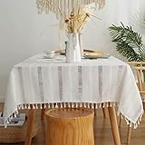 Pahajim Tischdecke Weiß Tischdecke Leinen Baumwolle Abwischbare Tischdecke Modern Quaste Stil für Outdoor, Garten, Restaurant Desktop Dekoration(Weiß 140 x 140 cm)