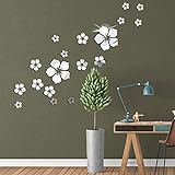 18 Stück 3D Blumen Spiegel Wandaufkleber Aufkleber für Schlafzimmer Wohnzimmer Wanddeko Silb