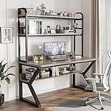 SZITW Computertisch mit Schrank und Bücherregal, PC-Arbeitsschreibtisch, Heimbüro-Schreibtisch, Arbeitsstation für Erwachsene/Studenten (39 Zoll, Grauer + schwarzer Rahmen)