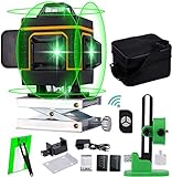 Cross Line Laser Level 360 4D Green Beam Kreuzlinienlaser Wasserwaage Line Lasers,Self-Levelling 16 Lines with Remote Control, Rechargeable 2 x 4000 mAh B