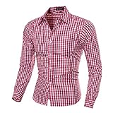 Herren Trachtenhemd Slim fit Kariertes Hemd Freizeithemd Langarmhemd Bügelleicht Bauwolle Herrenhemden für Oktoberfest (Rot, M)