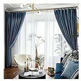 KnSam Gardine Blickdicht Vintage mit Kräuselband Blau, Einfarbig Flannelette Vorhang Verdunkelung Muster aus Baumwolle, 137x214CM(BxH)