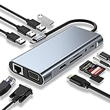 USB C HUB, Docking Station, 11-in-1 USB C Adapter mit 4K-HDMI, VGA, USB 3.0 Port, Type C PD, Ethernet RJ45 Port, SD/TF-Kartenles, 3.5mm AUX, Kompatibel für MacBook Pro/Air, More Type C G