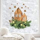 Fensterbild Weihnachten Weihnachtszweige Holzoptik Häuser Deko Winter Schneeflocken Fensteraufkleber Fensterdeko, 1. A4 Bog