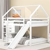 Sweiko Doppelbett 140x200cm, Kinderbett Etagenbett mit Treppe und Rutsche, Kinderzimmer Hoch-Doppel-Stockbett, Weiß