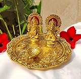 Wonder Care Laxmi Ganesha Idol aus Aluminium, goldfarben, mit Platte für Puja Diwali Geschenkartikel Deepawali Dekorationen indische Dhanteras Pooja Statue T
