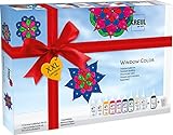 KREUL 42849 - Window Color XXL Set, für kleine und große Kreative, 9 x 80 ml Fenstermalfarben, 80 ml Konturenfarbe, eine Spezialfolie, 150 Schmucksteine und Vorlagen mit Blüten und M