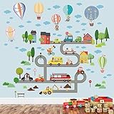 Tanlaby Auto Straße Wandtattoo Stadt Transport Wandsticker Heißluftballon Fahrzeuge Wandaufkleber für Kinder Baby Kinderzimmer Schlafzimmer Spielzimmer Wohnzimmer Klassenzimmer Wanddek