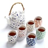 fanquare Blume Porzellan Tee Set mit Teekanne, Vintage Chinesisch Keramik Teeservice mit Rattan G