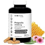 Propolis 2000 mg. 180 vegane Kapseln für 6 Monate. Propolis-Extrakte mit 10% Galangin, Echinacea mit 4% Polyphenolen und Eukalyptus. Für das Immunsystem und die Atemweg