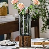 Glas Blumenvase Modern Zylinder Vase Handgefertigte kristallklare Glasvase mit Holzsockel Blumenblume Pflanzenbehälter für Home Office Dekor, Geschenk für Hochzeit Einweihungsparty feiern Höhe 31