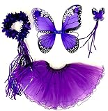 Tante Tina Schmetterling Kostüm Mädchen - 4-teiliges Mädchen Kostüm Schmetterling mit Tüllrock, Flügel, Zauberstab und Haarreif - Monarchfalter Lila - geeignet für Kinder von 2 bis 8 J
