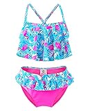 IKALI Mädchen Bademode Bikini Set, 50 UPF UV Sonnenschutz Flamingo Badeanzug, Kleinkind Sommer Strand Sport, Blau, 104/4J