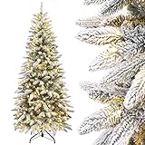 Yorbay Künstlicher Weihnachtsbaum Slim mit Beleuchtung LED Tannenbaum für Weihnachten-Dekoration, Schneebeflockt, Schmal, Weiß, 180