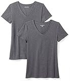 Amazon Essentials Damen Kurzärmeliges T-Shirt mit V-Ausschnitt, Klassischer Schnitt, 2er-Pack, Kohlegrau Meliert, M