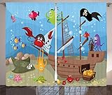 ABAKUHAUS Pirat Rustikaler Gardine, Schiff Unterwassertiere, Schlafzimmer Kräuselband Vorhang mit Schlaufen und Haken, 280 x 175 cm, Aqua R