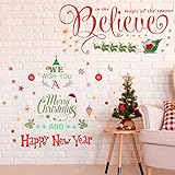 2 Stück Wandtattoo, Motiv: Merry Christmas Zitate, Believe Magic Season Zitate, Weihnachtsbaum, Schneeflocke, Wandkunst, Dekoration, abnehmbare WeihnachtsbaumAufkleber für Weihnachten, Party,
