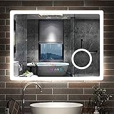 Aica Sanitär LED Badspiegel 80×60cm 3 Lichtfarbe 2700-6500K Wandspiegel mit Uhr, Touch, Beschlagfrei,3-Fach Vergrößerung Schminkspiegel IP44 Kalt/Neutral/Warmweiß energiesp