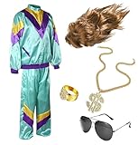 Kostümheld® 6 in 1 Vokuhila Set 80er Outfit Kostüm mit Unisex Trainingsanzug, Assi Perücke, Goldkette, Brille - für Fasching & Karneval (170-190 cm)