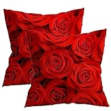 LTDKAEN Rote Rosen Blumen Kissenbezüge 45 x 45 cm Set mit 2 Rosen Blumen Heimdekoration Bauernhaus Kissen Pfirsichhaut Samt Überwurf Kissenbezüge für Sofa S