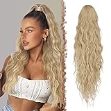 FESHFEN Lange Zopf Pferdeschwanz Haarextension mit kordelzug Lang Wellig Lockig Aschblond Synthetik Haarverlängerung Natürliches Clip in Haarteil Ponytail Kunsthaar Haarzopf für Damen 65