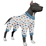 Pitbull Pyjama für Hunde und Mädchen – Unterhemd für Hunde-Kapuzenpullover, Hunde-Pyjamas, leichter, dehnbarer Stoff, Weiß/Schiefer/Minze, Dinosaurier-Druck, große Hunde, Jammies, UV-Schutz-Shirt,