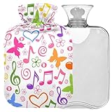 Naanle Wärmflasche mit Schmetterlingsmusiknoten, transparent, 1 l, Wärmflasche für Bett, Hand, Füße, Wärmer zur Schmerzlinderung, Wärme- und Kältetherap