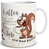 TRIOSK Tasse Eichhörnchen mit Spruch lustig Kaffee redet nicht Geschenk für Arbeit Büro Kaffeeliebhaber Frauen Freundin Männer Kollegen Beig