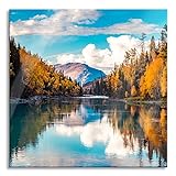 Pixxprint Glasbild | Wandbild auf Echtglas | Bergsee mit Herbstwald | 80x80 cm | inkl. Aufhängung und Ab