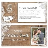 30 x Hochzeit Dankeskarten Danksagungskarten individuell mit Ihrem Text und Foto DIN Lang 99 x 210 mm - Rustikal mit weißer Sp