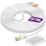 Lan Kabel 30 Meter Cat 7 Wlan Kabel 30M Flach Netzwerkkabel High Speed Weiß Ethernet Kabel Weiss RJ45 Kabel Dünn Internetkabel 10Gbit/s Patchkabel Gigabit Lankabelverlaengerung für Router, M