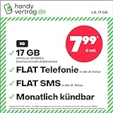 Handytarif handyvertrag.de z.B. Allnet Flat 17 GB – (Flat Internet 5G 17 GB, Flat Telefonie, Flat SMS und Flat EU-Ausland, 7,99 Euro/Monat, monatlich kündbar) oder andere T
