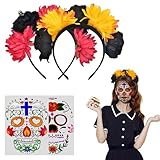 DOUSELLA 2 Stück Halloween Tag der Toten Rosen Haarreifen Haarbänder mit Halloween Temporäre Gesicht Schädel Tattoos Dia De Los Muertos Haarreif Halloween Blumen Haarschmuck für Karneval Hallow