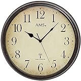 AMS 5962 Wanduhr Funkuhr Wand Vintage Uhr Style Metallgehäuse in antiker Holz-Optik Dek