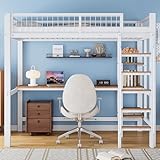 Wiuzo Eisenrahmenbett, Etagenbett mit Tisch und Regalen, GeeiMit fünfstufiger Leiter, Mit Fallschutzgitter, gnet für Kinder und Jugendliche, Eisen + MDF, Weiß+Natur, 90x200