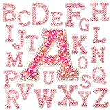 A-Z Buchstaben Rosa Farbverlauf Perle Strass Buchstaben Patch, 26 Stück Bügelbild Glitzer Buchstaben Patches, Perlen Buchstaben zum Nähen Englisch Alphabet für DIY Kleidung, Jeans, Röcke, Nähb