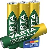 VARTA Batterien AAA, wiederaufladbar, 4 Stück, Recharge Accu Power, Akku, 800 mAh Ni-MH, ohne Memory Effekt, vorgeladen, sofort einsatzb