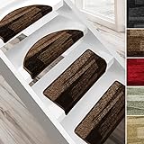 casa pura Stufenmatten Via Veneto mit Pinselstrich Design 15 Stück Spar Set Treppen-Teppich | 65 x 23,5cm, halbrund, sauber eingekettelt, Starke Befestigung, stabile Winkelschiene/Farbe B