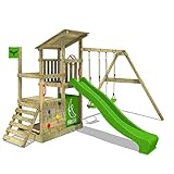 FATMOOSE Spielturm Klettergerüst FruityForest Fun XXL mit Schaukel & apfelgrüner Rutsche, Outdoor Kinder Kletterturm mit Sandkasten, Leiter & Spiel-Zubehör für den G