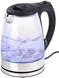 Rosenstein & Söhne Farbwechsel Wasserkocher: Glas-Wasserkocher mit blauer LED-Beleuchtung, 2.200 Watt, 1,7 Liter (Beleuchteter Wasserkocher, Wasserkocher Licht, Glaskantenbeleuchtung)