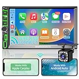 [Upgrade] Wireless Autoradio 2 Din with Carplay,Android Auto,Bluetooth Hands-Free,Voice Control,Mirror Link,Media Receiver,HD Touchscreen 7 Inches,Reversing Camera,A/FM/USB/Type-C,GPS,SWC,Car R